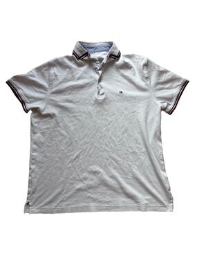 Tommy Hilfiger White Striped Button Down Casual Polo Short Sleeve T-Shirt Logo